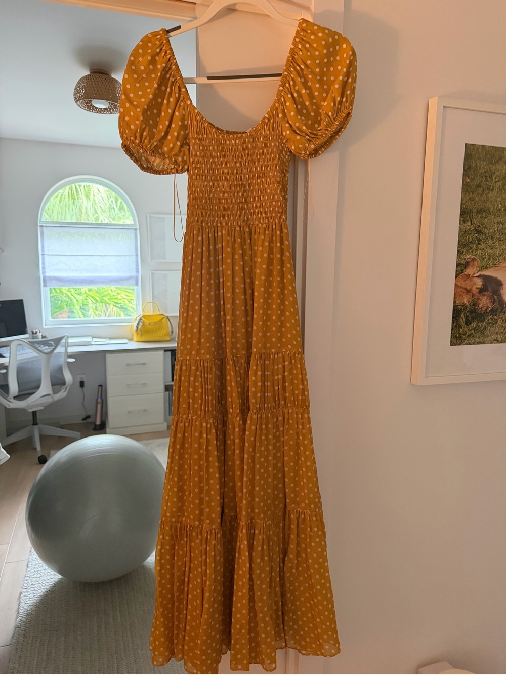 La Ligne Mustard Yellow Polka Dot Smocked Dress